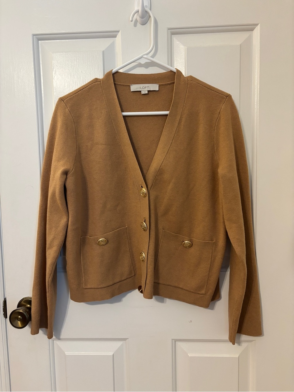LOFT Camel Button-Front V-Neck Cardigan with Gold Buttons